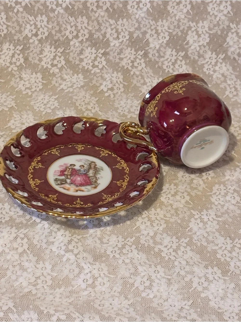 Vintage Ohashi China Burgundy & Gold Teacup & Saucer